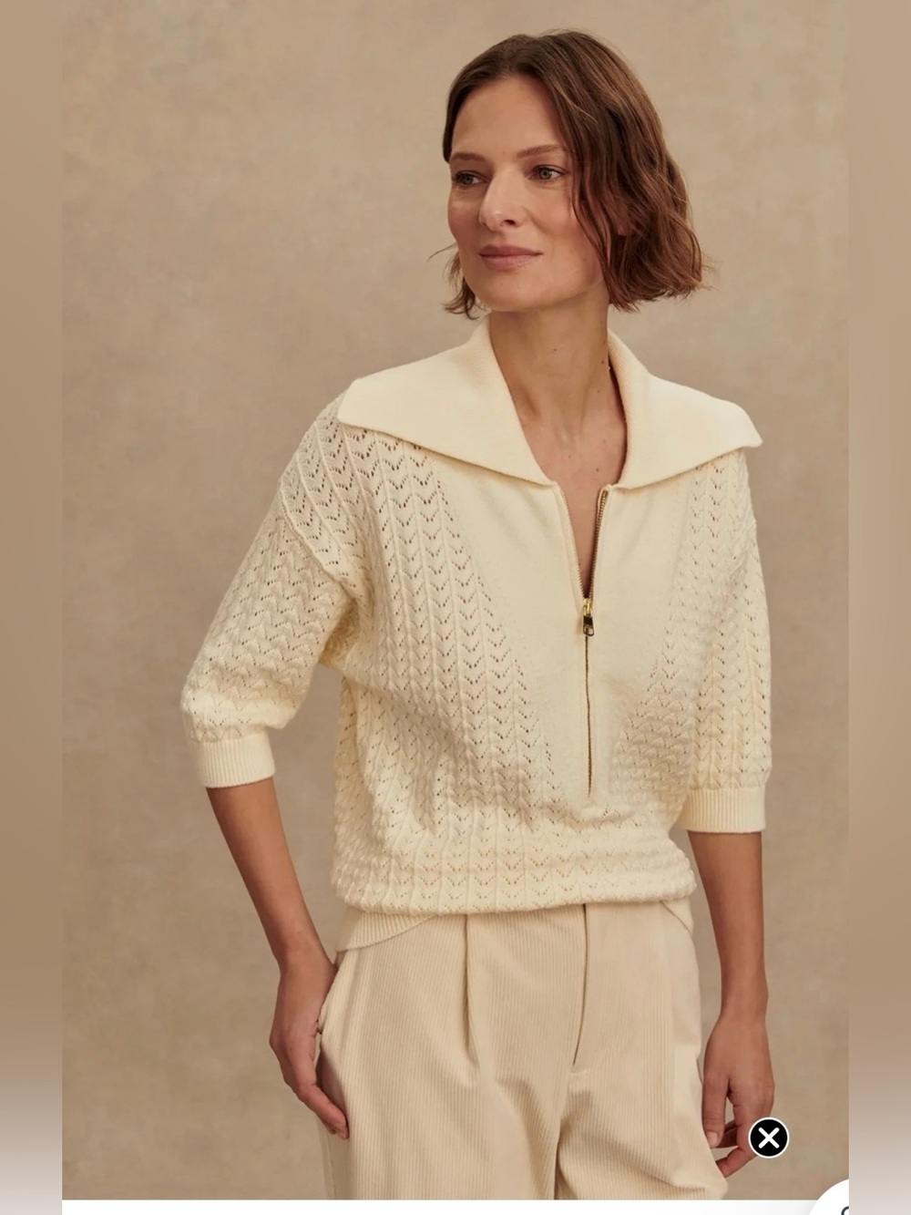 Varley Arney half-zip knit polo top in Egret